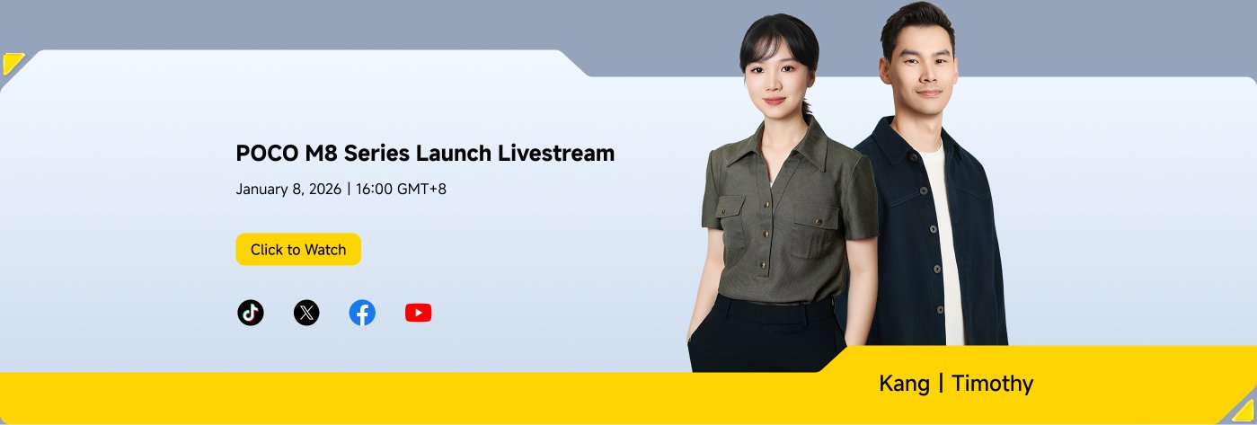 Two models are standing together, the one on the left is wearing a gray shirt, and the one on the right is wearing a dark coat. At the bottom, there is information about the "POCO M8 series launch live stream," with the live stream scheduled for January 8, 2026, at 16:00 GMT+8, along with a "Click to watch" button and social media icons next to it.