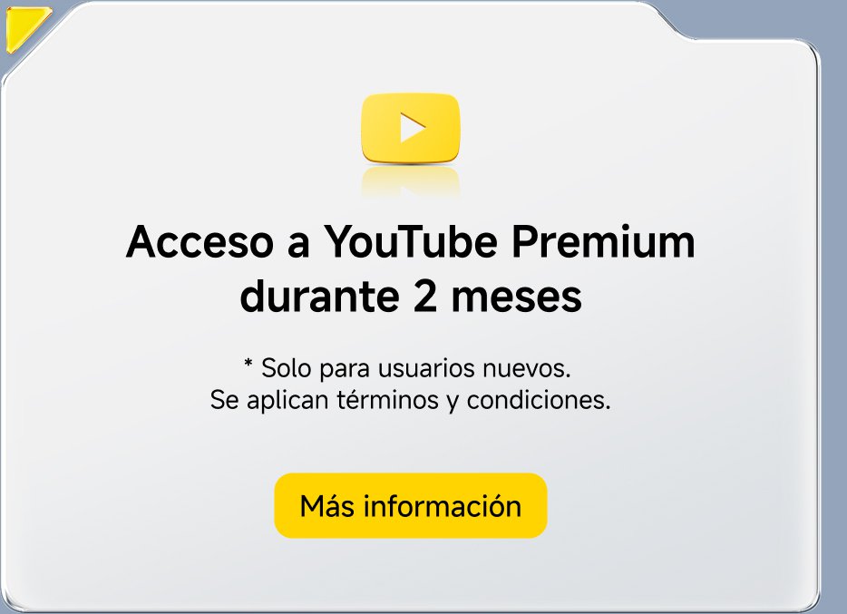 Acceso a YouTube Premium durante 2 meses. * Solo para usuarios nuevos. Se aplican términos y condiciones. Más información.
