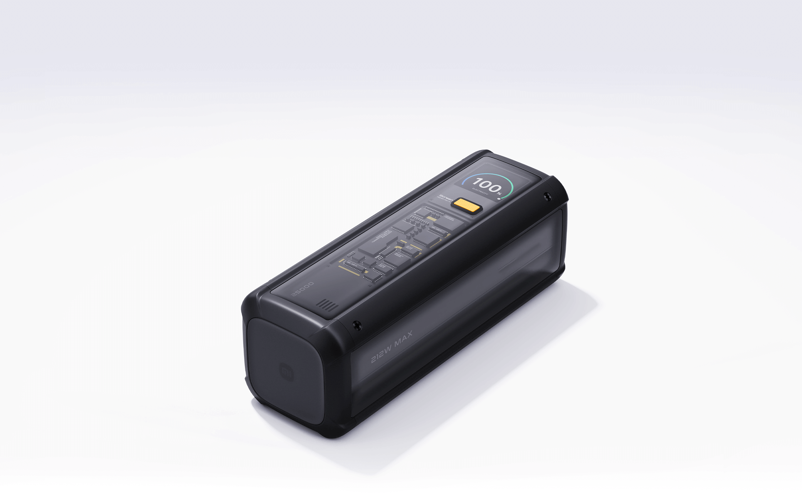 Um power bank portátil preto com um estado de carregamento de 100% exibido no topo. O dispositivo está equipado com múltiplos botões de controlo, tornando-o adequado para uso ao ar livre.