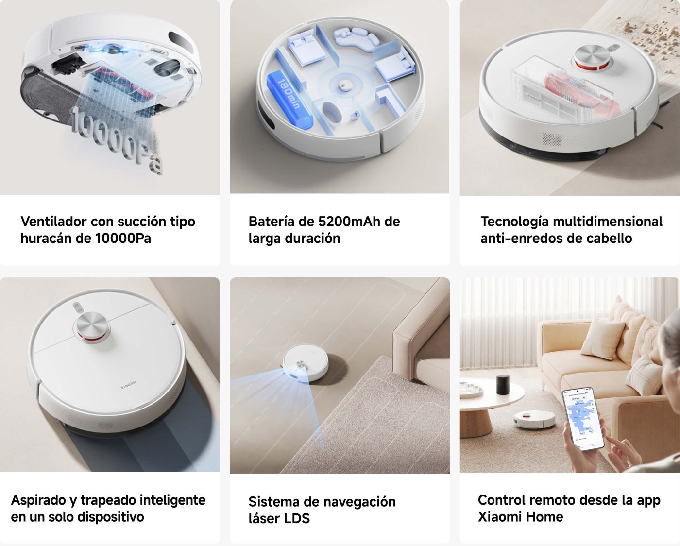El collage muestra un robot aspirador con diversas características, incluyendo:

1. Ventilador con succión de 10000Pa.
2. Batería de 5200mAh de larga duración.
3. Tecnología anti-enredos de cabello.
4. Función de aspirado y trapeado en un solo dispositivo.
5. Sistema de navegación láser LDS.
6. Control remoto a través de la app Xiaomi Home.