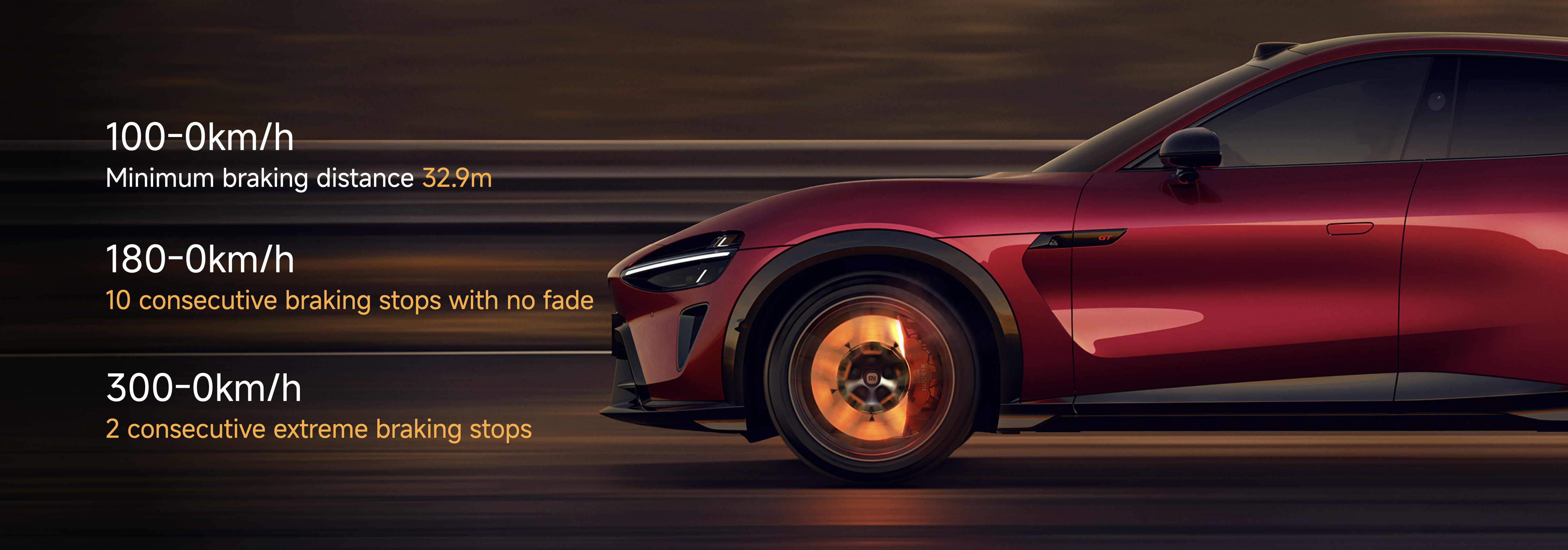 The image displays a sleek red car in motion, highlighting its braking performance at various speeds. Key details include:
- **100-0 km/h**: Minimum braking distance of 32.9 meters.
- **180-0 km/h**: Ability to perform 10 consecutive braking stops without fading.
- **300-0 km/h**: Capability of 2 consecutive extreme braking stops.
The background suggests a dynamic driving environment.
