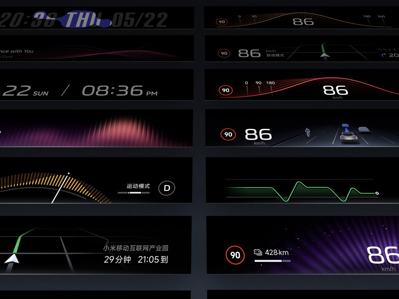 Il testo mostra più pannelli informativi, inclusi ora, data, stato riproduzione musica, velocità, modalità di guida, informazioni di navigazione e autonomia residua. La velocità è 86 km/h e la navigazione indica l'arrivo a destinazione in 29 minuti.