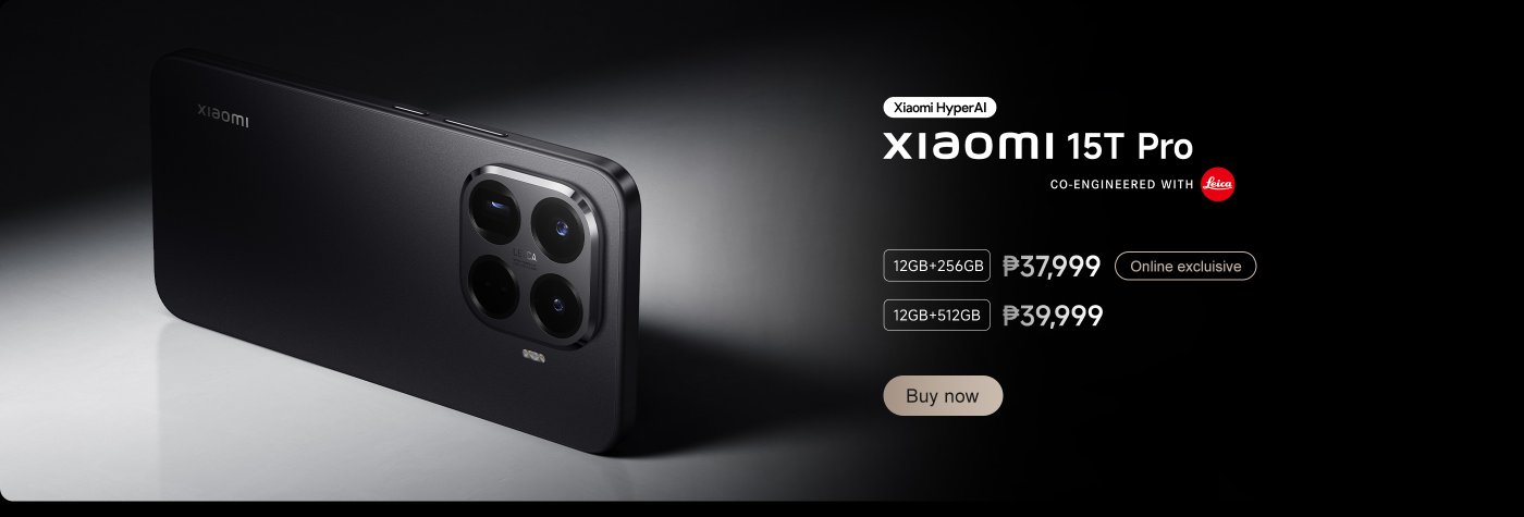 Xiaomi 15T Pro smartphone, equipped with 12GB of RAM and storage options of 256GB or 512GB, priced at ₱37,999 and ₱39,999 respectively, exclusively sold online.