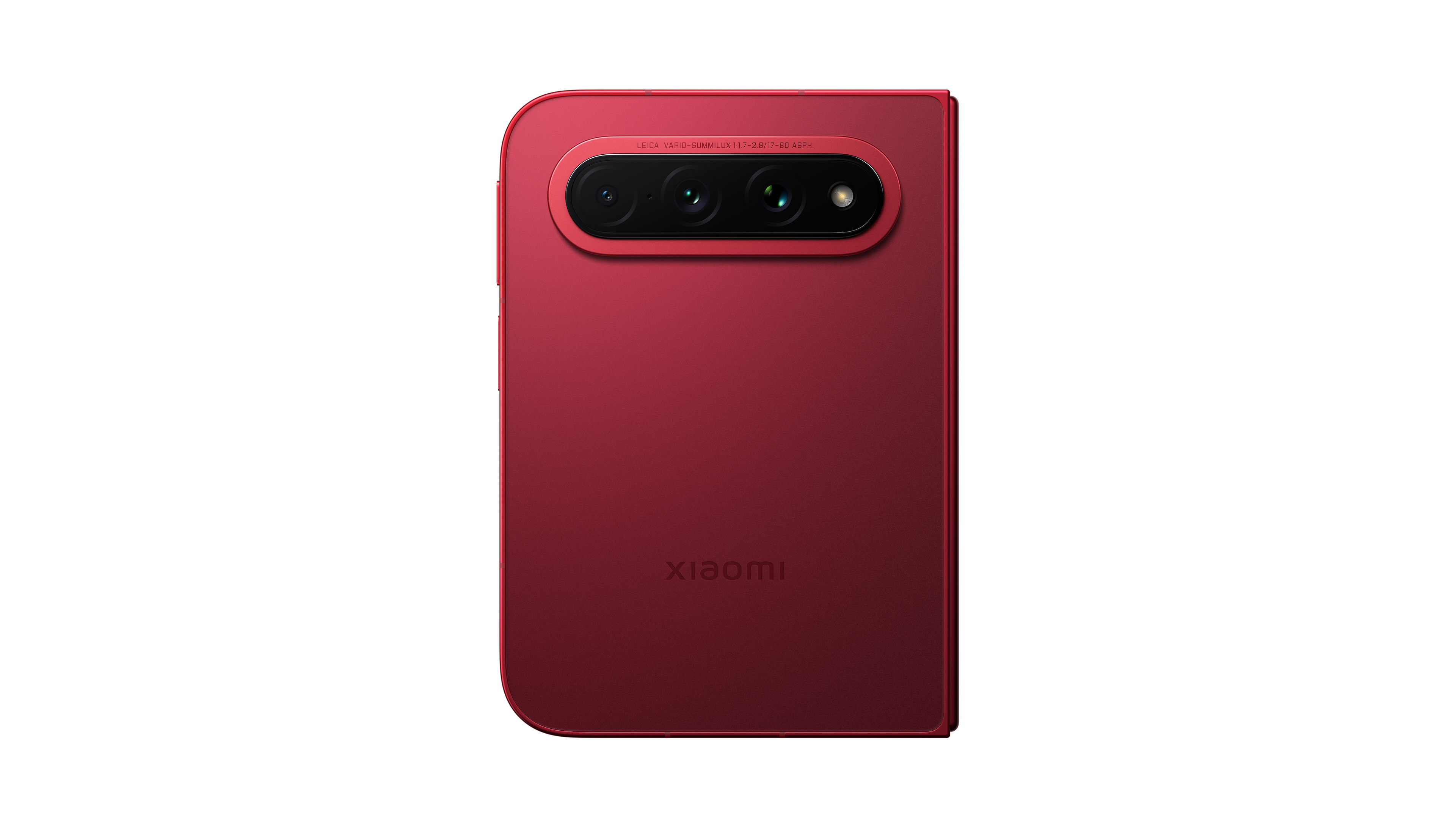 A red mobile phone with three cameras on the back, and the word "xiaomi" printed on it.