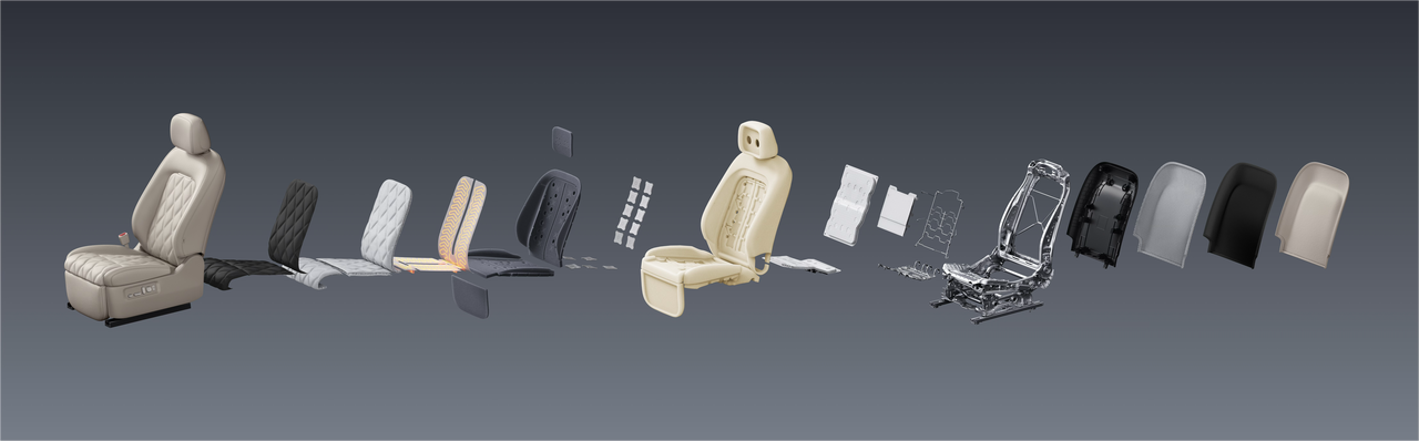 A disassembled diagram of a car seat is displayed, with the complete seat on the left and the various components on the right, including the cushion, backrest, bracket, and external covering materials. The background features a gradient color, highlighting the design details of the seat.
