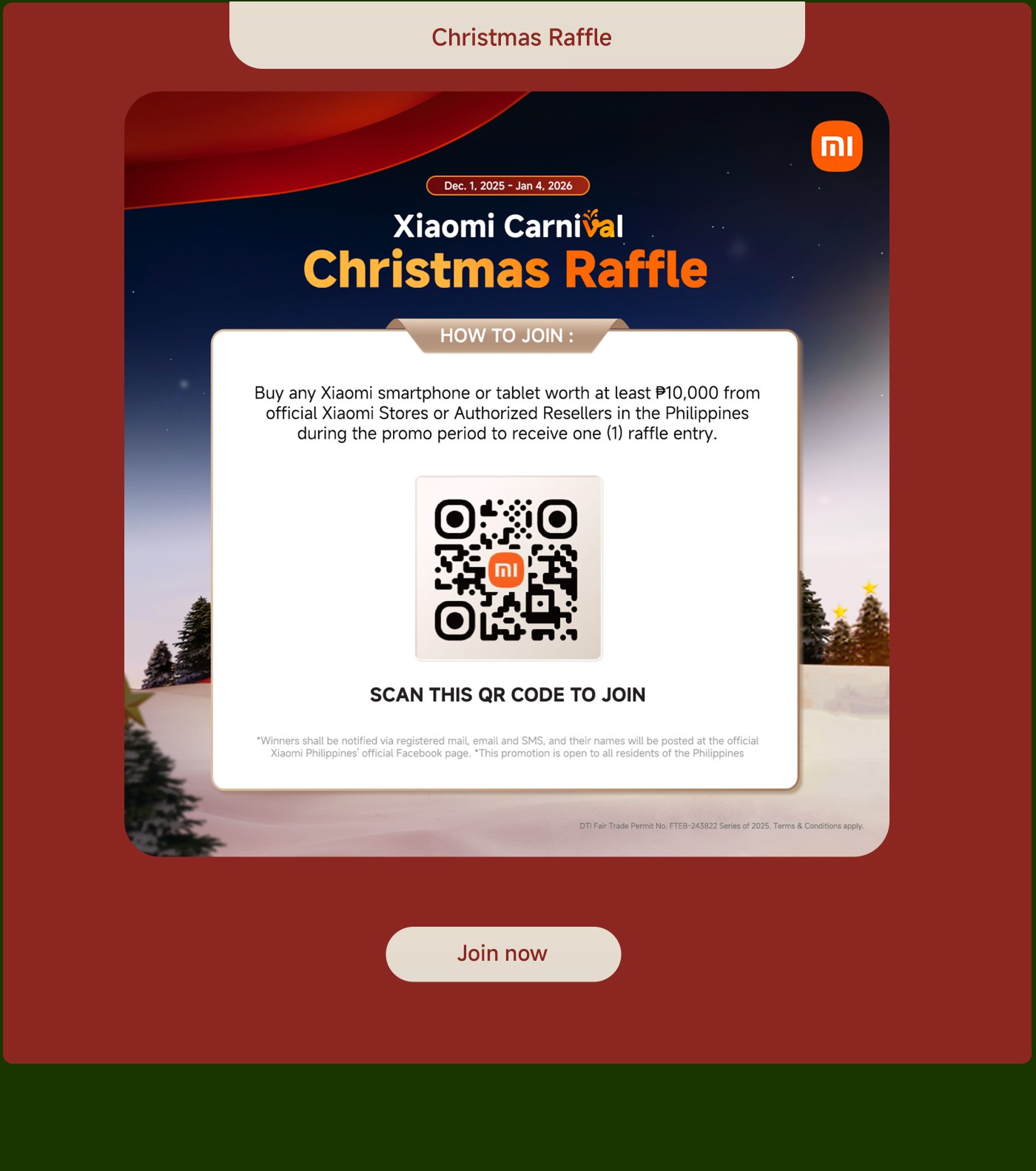 Join the Xiaomi Christmas raffle: From December 1, 2025, to January 4, 2026, purchase a Xiaomi smartphone or tablet worth at least 10,000 pesos to get one raffle entry. Scan the QR code to participate.