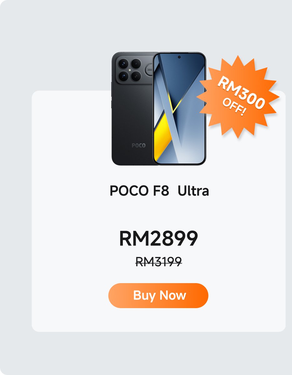 Promotional image of the POCO F8 Ultra phone, showing the back and front of the phone, with promotional information marked as "RM300 OFF!". The price drops from RM3199 to RM2899, with a "Buy Now" button at the bottom.