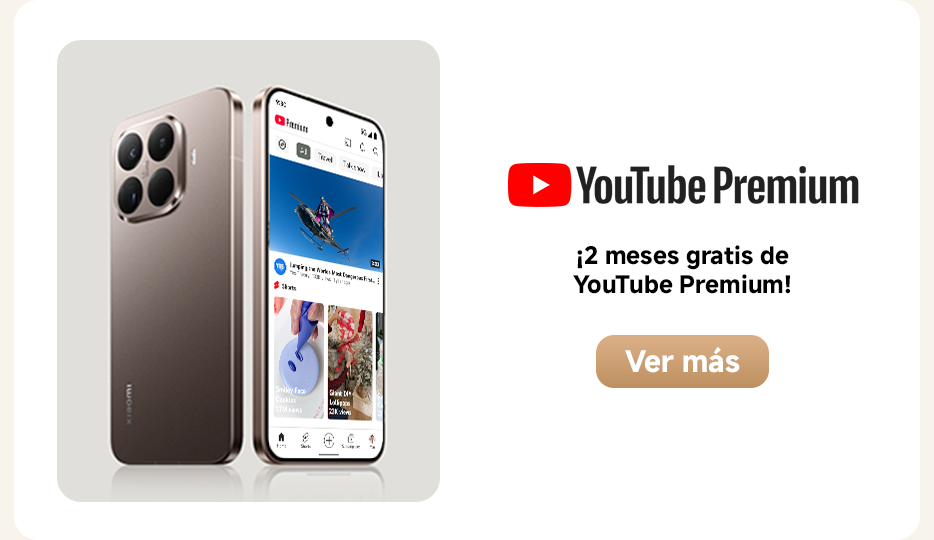 Un teléfono inteligente se muestra a la izquierda, y a la derecha hay un anuncio de YouTube Premium que dice "¡2 meses gratis de YouTube Premium!" y "Ver más". La pantalla del teléfono muestra la interfaz de YouTube.