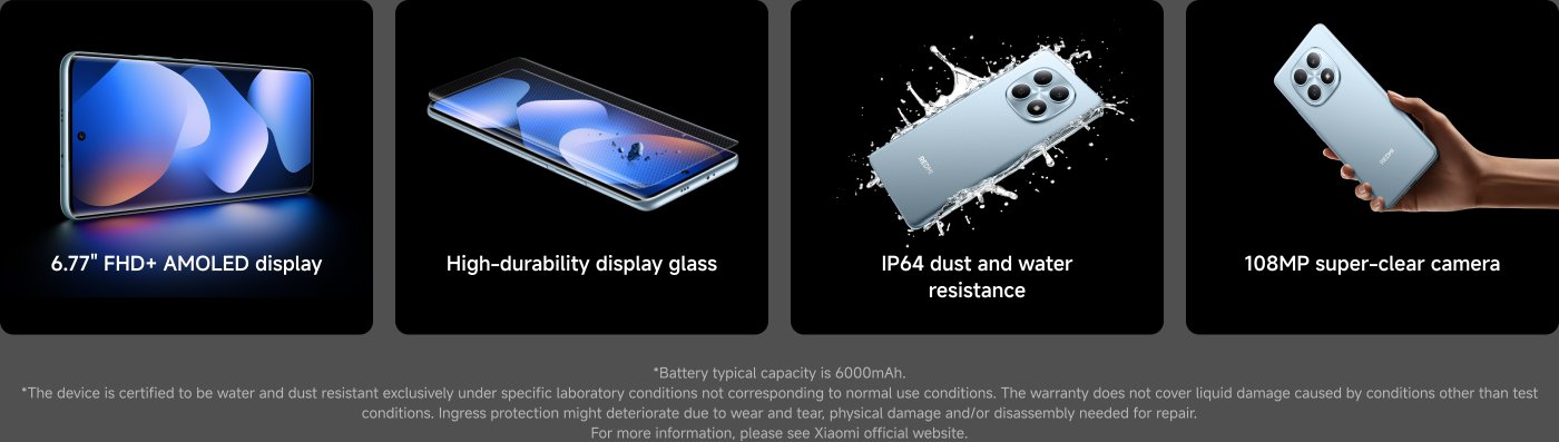 شاشة AMOLED بحجم 6.77 بوصة ودقة FHD+، زجاج شاشة عالي المتانة، مقاومة الغبار والماء بمعيار IP64، وكاميرا بدقة 108MP. البطارية سعة 6000mAh. الجهاز مصمم لتحمل ظروف معينة، مع ضمان محدد.