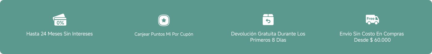 Hasta 24 meses sin intereses. Canjear puntos por cupón. Devolución gratuita durante los primeros 8 días. Envío sin costo en compras desde $ 60.000.