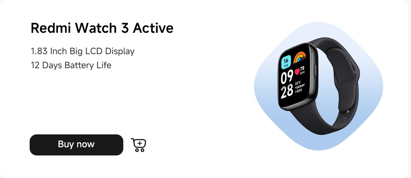 ساعة ريدمي 3 أكتيف، مزودة بشاشة LCD كبيرة بحجم 1.83 بوصة وعمر بطارية يصل إلى 12 يومًا، تقدم تجربة ساعة ذكية أنيقة.