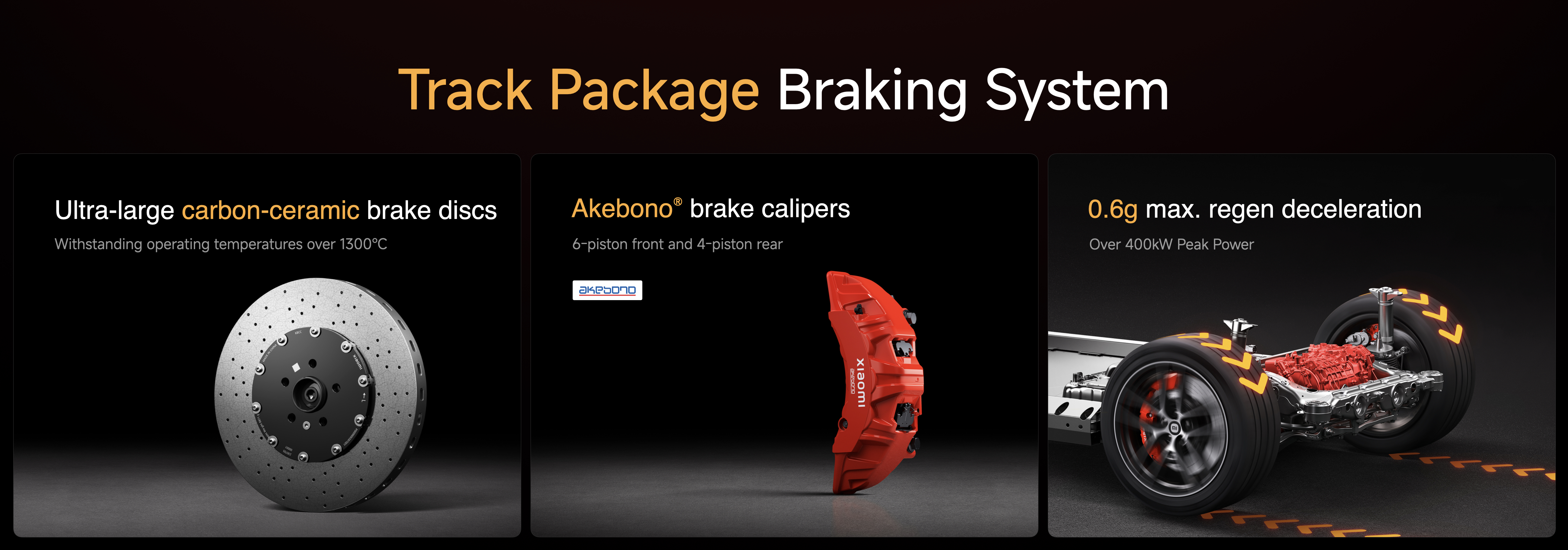 The image showcases a "Track Package Braking System" with three main features:
1. **Ultra-large carbon-ceramic brake discs**: These can withstand operating temperatures over 1300°C.
2. **Akebono® brake calipers**: Featuring a 6-piston setup in the front and a 4-piston setup in the rear.
3. **Regenerative braking**: Capable of achieving a maximum deceleration of 0.6g with over 400kW peak power.