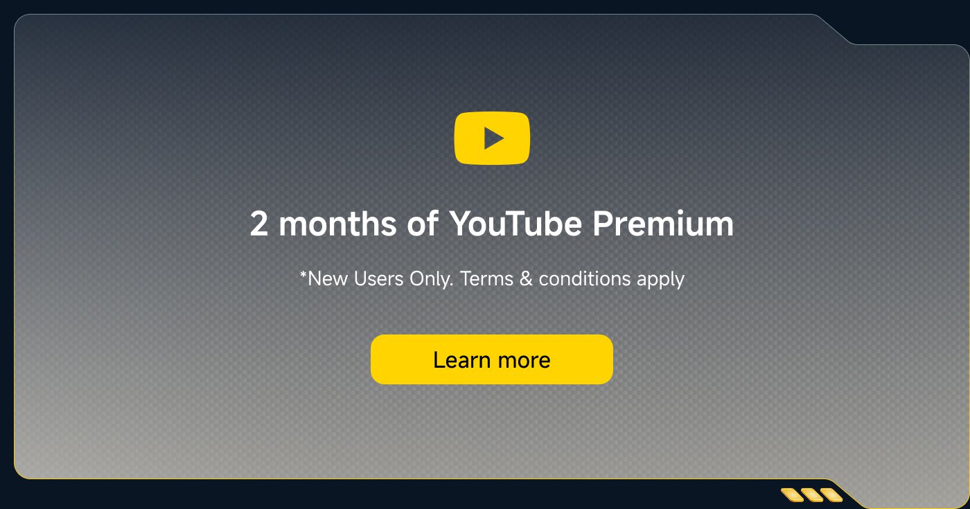 2-month YouTube Premium trial, available for new users. Terms and conditions apply. A "Learn More" button is provided.