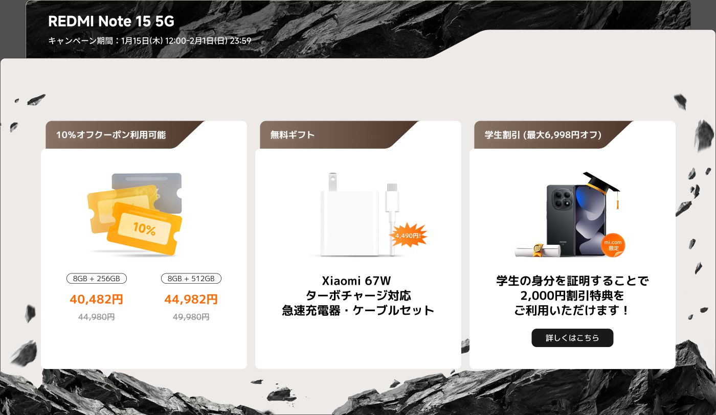 これはキャンペーン情報を含む広告です。内容は以下の通り：

- **商品名**: REDMI Note 15 5G
- **キャンペーン期間**: 1月15日12:00〜2月1日23:59
- **価格**:
  - 8GB + 512GB: 49,980円（割引後44,982円）
  - 8GB + 256GB: 44,980円（割引後40,482円）
- **特典**:
  - 無料ギフト: Xiaomi 67W急速充電器・ケーブルセット（通常4,490円）
  - 学生割引最大6,998円オフ（学生証提示で2,000円割引）

詳しい情報は公式サイトで確認できます。