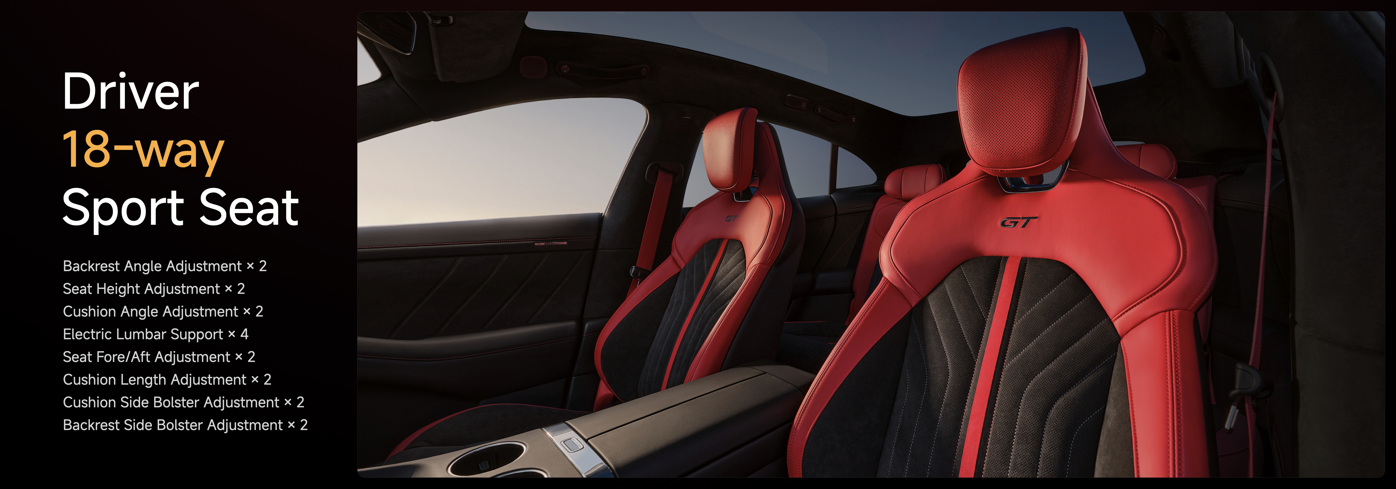 Driver's sport seat featuring 18-way adjustments, including backrest angle, seat height, cushion angle, electric lumbar support, and various bolster adjustments for customized comfort. The seats are designed with a sleek red and black aesthetic.