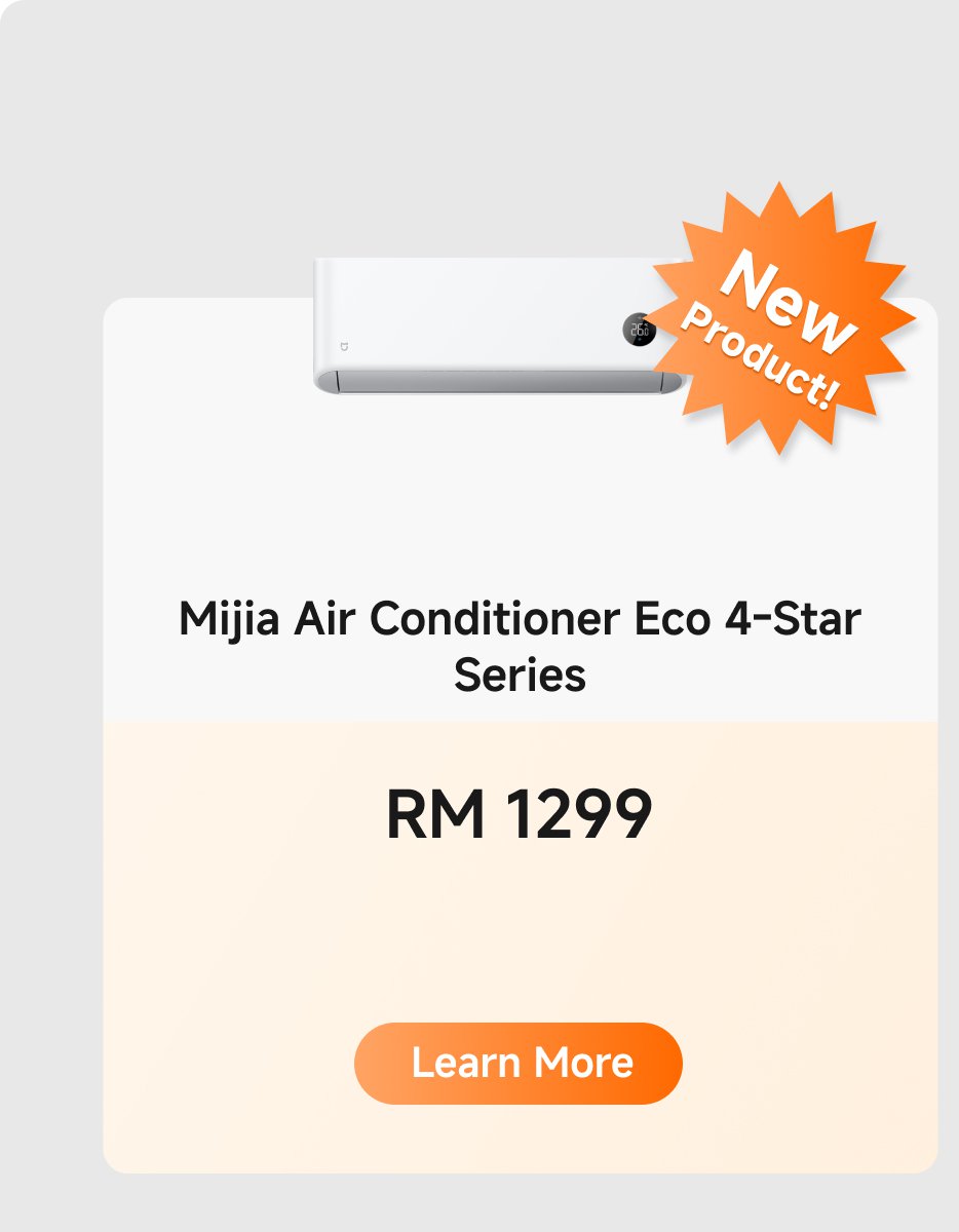 Mijia Eco 4-Star Series air conditioner, priced at RM 1299, marked "New Product!" with a "Learn More" button.