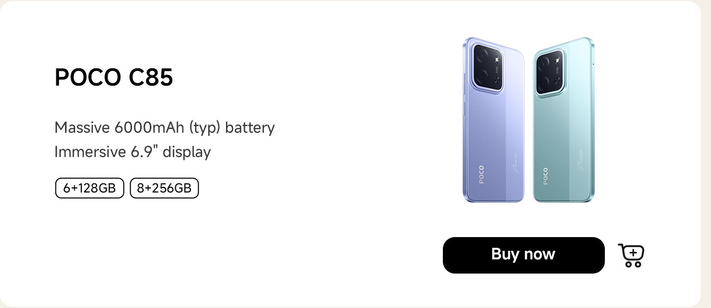 The POCO C85 smartphone is available in two color options: purple and green. Key features include storage configurations of 6GB+128GB and 8GB+256GB, equipped with a 6000mAh battery and a 6.9-inch display. There is a "Buy Now" button at the bottom.