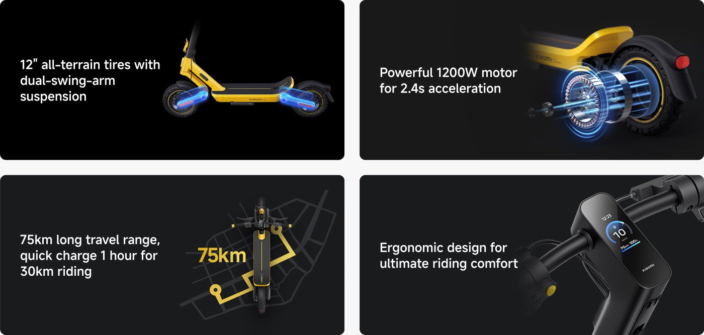 Features of an electric scooter include:

- 12" all-terrain tires with dual-swing-arm suspension.
- A powerful 1200W motor for acceleration in 2.4 seconds.
- Long travel range of 75km, quick charge in 1 hour for 30km riding.
- Ergonomic design for ultimate riding comfort.