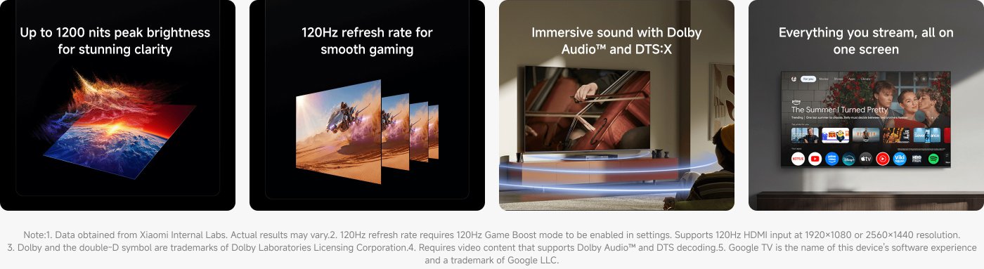 The image showcases features of a television, highlighting its capabilities:

- **Brightness**: Up to 1200 nits for clarity.
- **Refresh Rate**: 120Hz for smooth gaming.
- **Audio**: Immersive sound with Dolby Audio™ and DTS:X.
- **Streaming**: Access to various streaming services on one screen.

Additional notes include requirements for optimal performance and trademarks for audio technology.