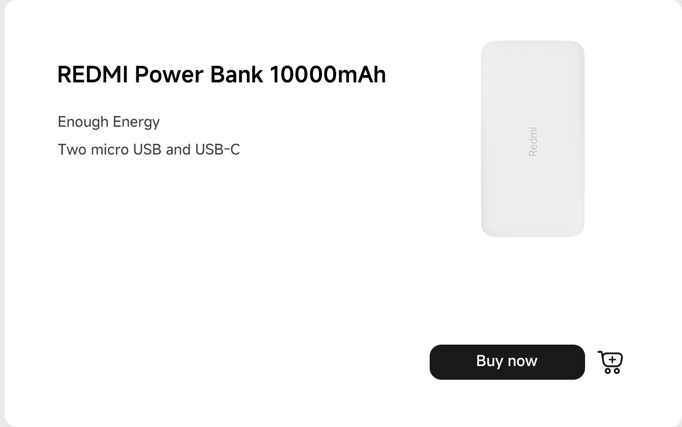 باور بنك REDMI بسعة 10000 مللي أمبير باللون الأبيض، مزود بمدخلين micro USB ومدخل USB-C، مكتوب عليه "طاقة كافية". يوجد زر "اشترِ الآن" في الأسفل.