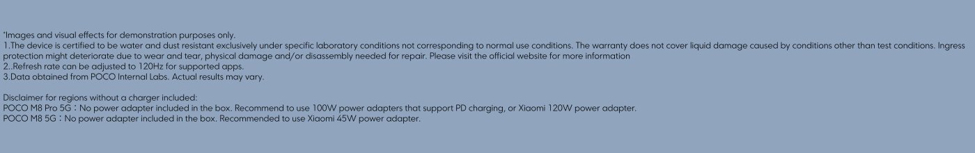 The text provides information about a device's water and dust resistance certification, refresh rate adjustments, and charger recommendations for specific models. It also includes disclaimers regarding warranty limitations and charger compatibility.