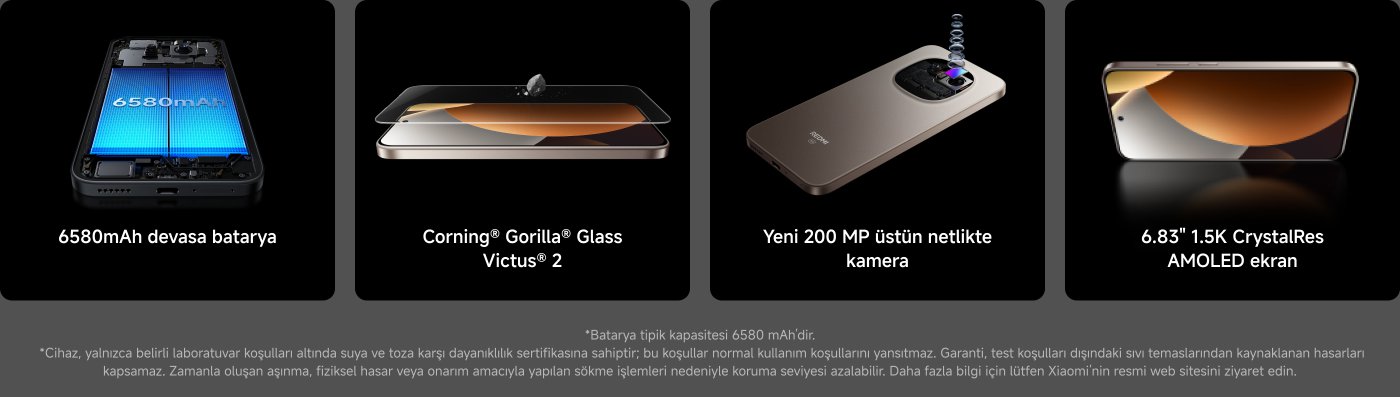 Bir akıllı telefonun özelliklerini gösterin, bunlar arasında: 6580mAh'lik büyük batarya, Corning® Gorilla® Glass Victus® 2 ekran koruyucu, 200 MP yüksek çözünürlüklü kamera ve 6.83 inç 1.5K CrystalRes AMOLED ekran bulunmaktadır.
