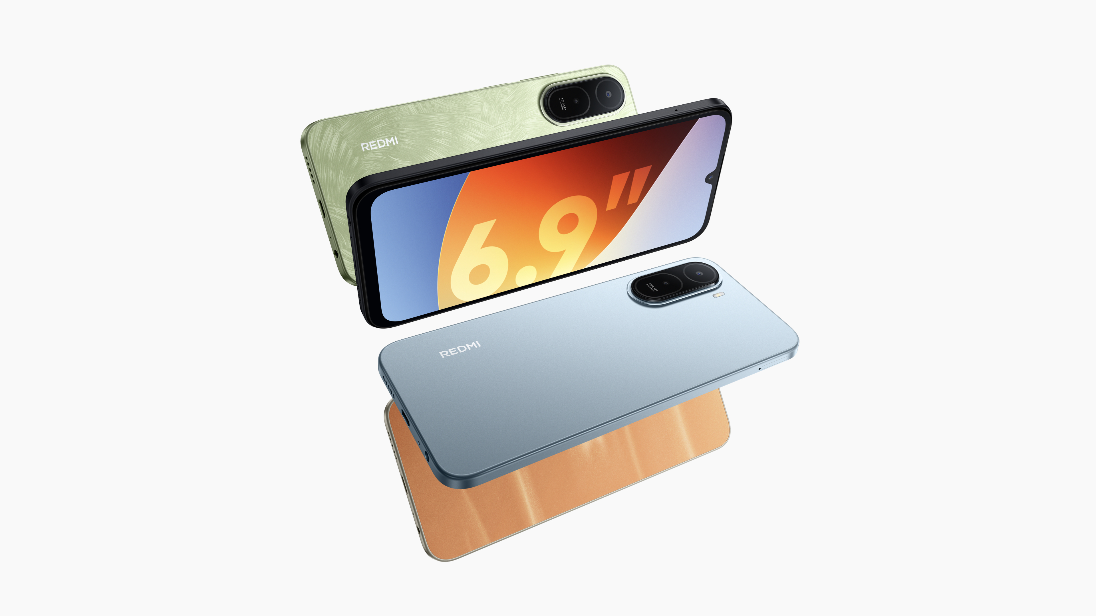It showcases three smartphones in different colors, with "6.9" displayed on the screen. The phones are in green, blue, and orange at the bottom, featuring a minimalist design.