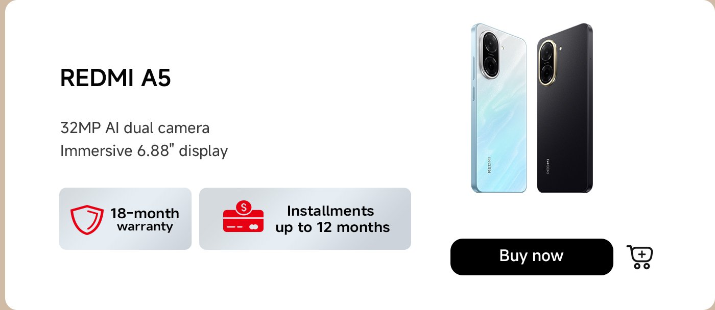 يظهر نموذجين من هاتف REDMI A5، أحدهما باللون الأزرق والآخر باللون الأسود. تشمل ميزات الهاتف كاميرا مزدوجة بدقة 32 ميجابكسل بتقنية AI وشاشة عرض immersive بحجم 6.88 بوصة. يوفر ضمانًا لمدة 18 شهرًا وخيارات تقسيط تصل إلى 12 شهرًا، مع زر "اشترِ الآن" في الأسفل.