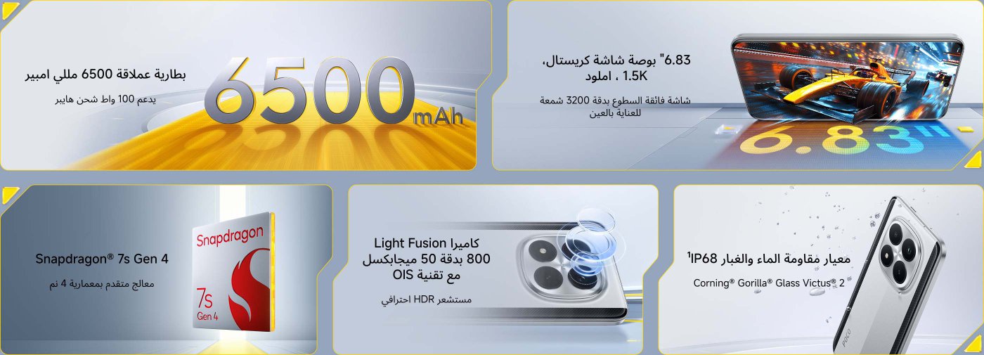 تقدم الصورة ميزات مختلفة لهاتف ذكي، بما في ذلك:

- بطارية بسعة 6500 مللي أمبير مع دعم الشحن السريع بقدرة 100 واط.
- شاشة كريستال مقاس 6.83 بوصة بدقة 1.5K.
- معالج Snapdragon® 7s Gen 4.
- كاميرا بتقنية Light Fusion بدقة 50 ميجابكسل ونظام تثبيت الصورة البصري (OIS).
- تصنيف مقاومة الماء والغبار IP68.
- زجاج Corning® Gorilla® Glass Victus® 2 من أجل المتانة.