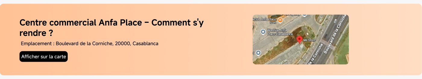 Centre commercial Anfa Place - Comment s'y rendre ? Emplacement : Boulevard de la Corniche, 20000, Casablanca. Afficher sur la carte.