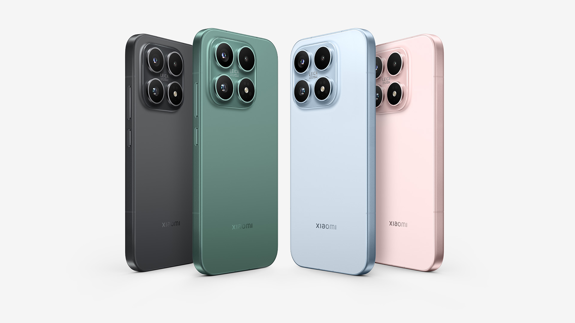 Four smartphones are displayed side by side, in colors black, green, blue, and pink, with four lenses behind them, and the brand logo is Xiaomi. The background is a simple white.