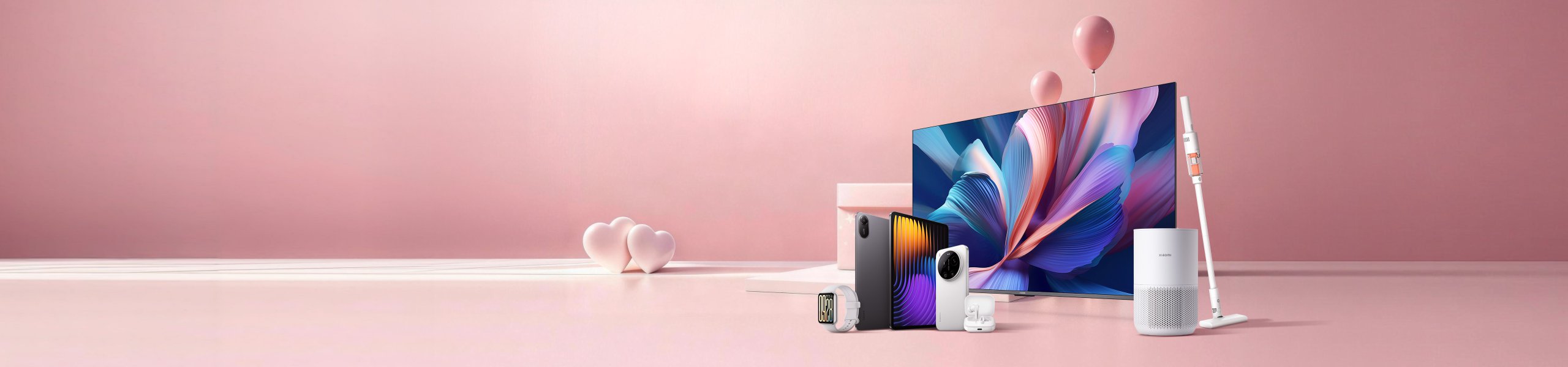 草原の上にテントがあり、その隣にテーブルといくつかの電子製品、携帯電話、ヘッドフォン、スーツケース、腕時計があります。背景は青空と水面です。
