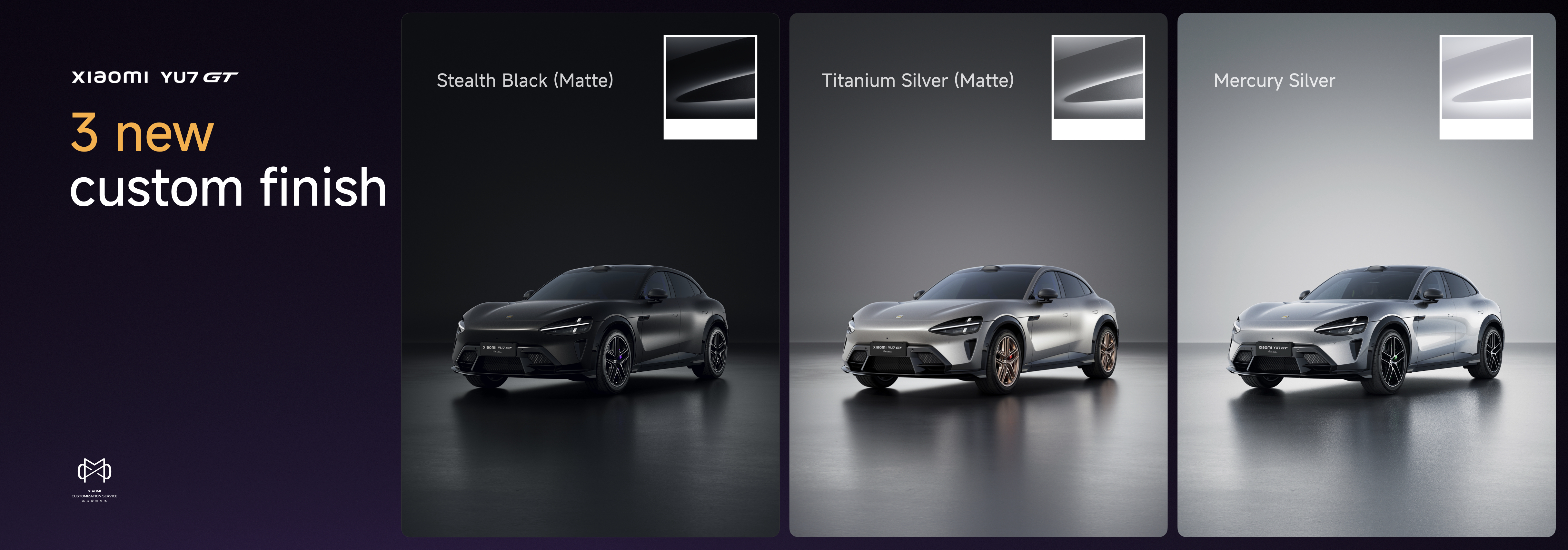 It showcases three new custom color cars, namely: Stealth Black, Titanium Silver, and Mercury Silver. The design of each car reflects modernity and a unique style.