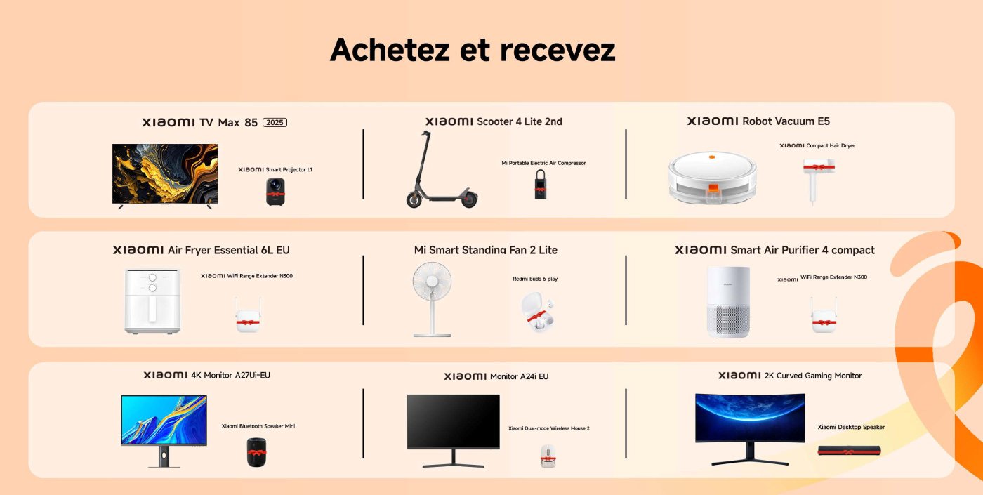 Cette promotion présente plusieurs produits Xiaomi, y compris des téléviseurs, des projecteurs, des friteuses à air, des aspirateurs robots, des purificateurs d'air, des moniteurs et d'autres appareils intelligents, accompagnés d'indications sur les achats et les cadeaux.