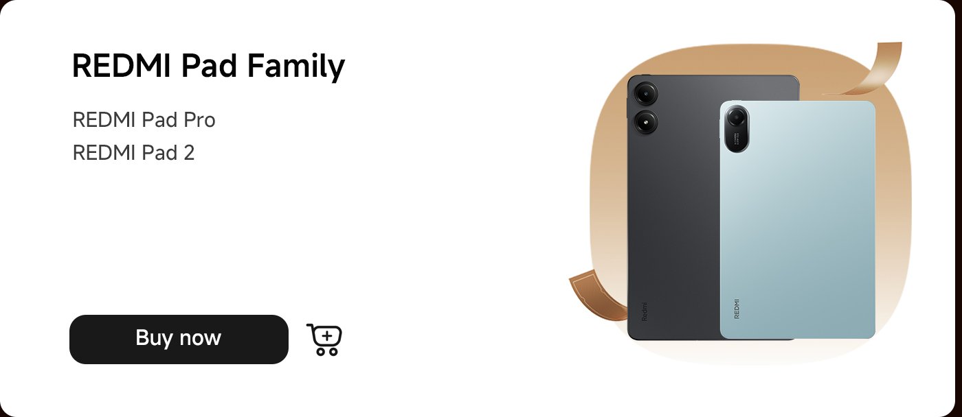 The REMI Pad series, including the REDMI Pad Pro and REDMI Pad 2, showcases two tablet devices with a simple background, and there is a "Buy Now" button at the bottom.