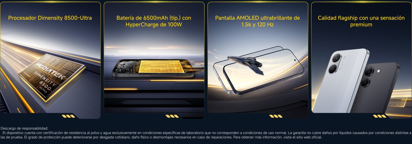 El contenido incluye características de un dispositivo, destacando un procesador Dimensity 8500-Ultra, una batería de 6500mAh con carga rápida de 100W, y una pantalla AMOLED de 1.5k y 120 Hz. También menciona la calidad premium del dispositivo y un descargo de responsabilidad sobre la resistencia al agua y polvo.