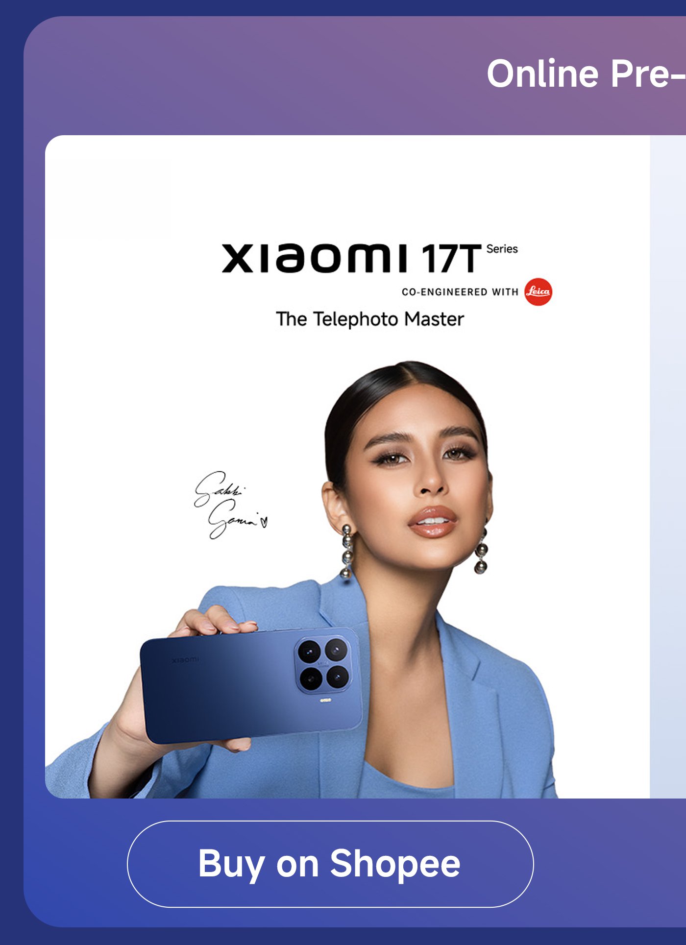 The promotional image showcases the Xiaomi 17T series phone, labeled as "Photography Master," in collaboration with Leica. In the image, a woman is holding the phone, and there is a purchase link next to her that says "Buy on Shopee."