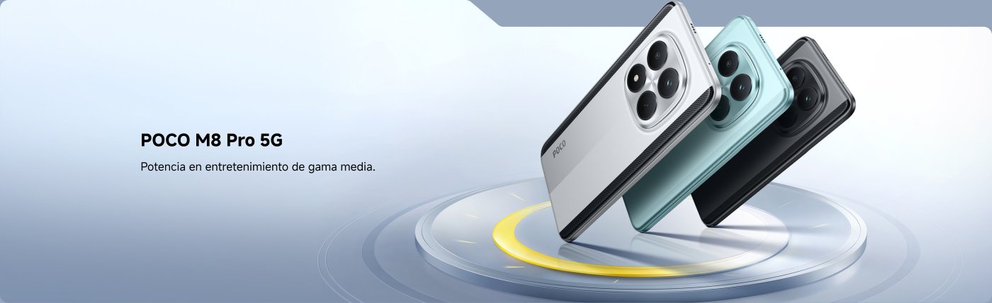 Se presentan tres modelos del teléfono POCO M8 Pro 5G, que son de color plateado, azul claro y negro, con un fondo de diseño en degradado. La descripción enfatiza su potente rendimiento en entretenimiento de gama media.