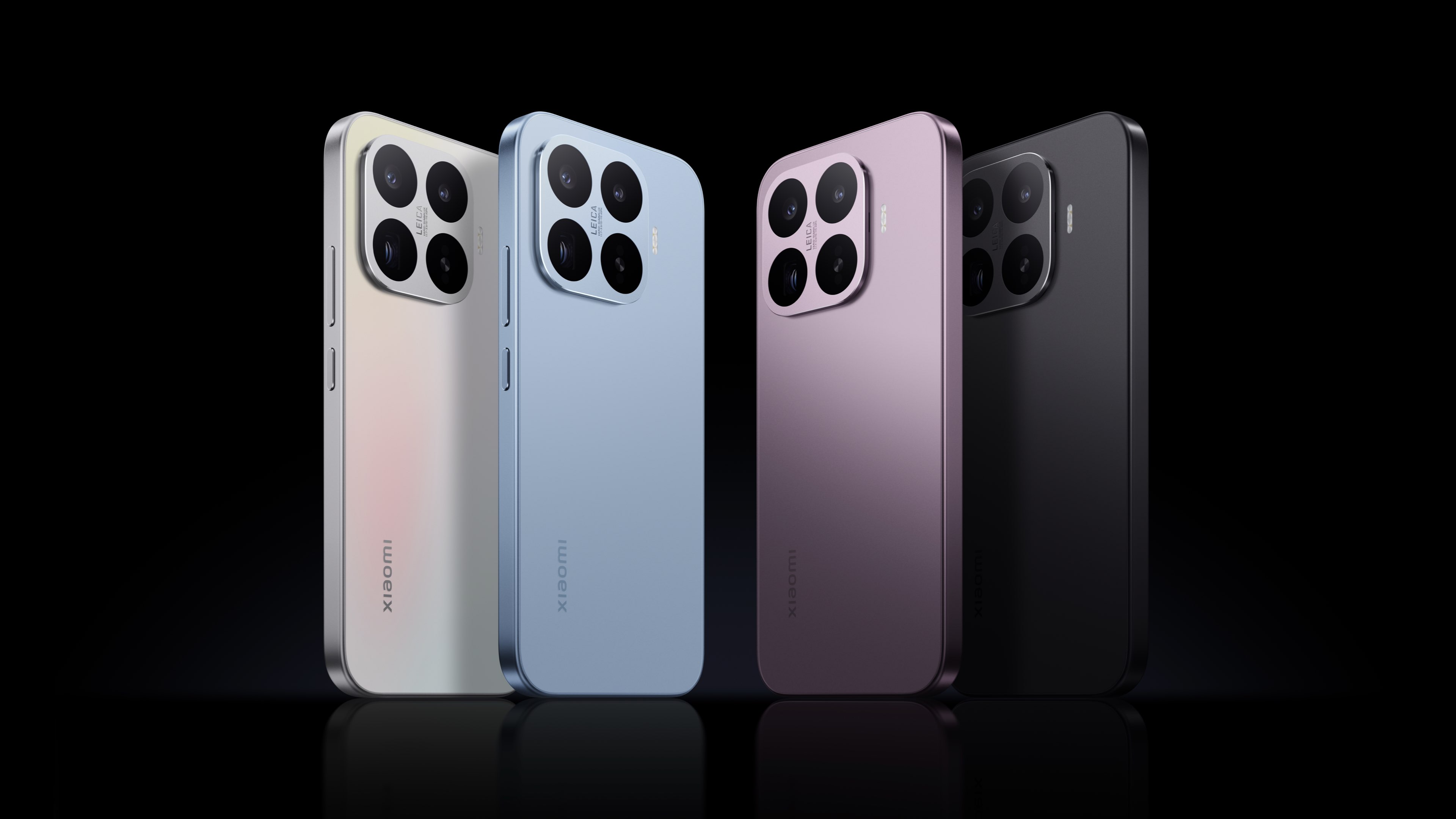 Multiple Xiaomi phones, available in silver, blue, purple, and black, feature a design on the back showcasing four cameras, with a black background.