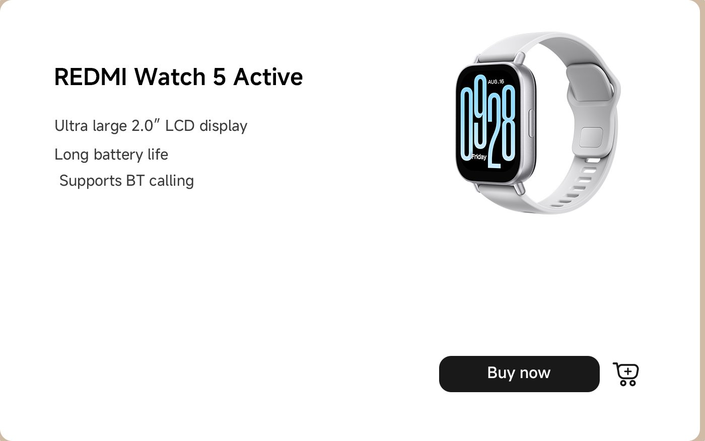 تتميز الصورة بإعلان رقمي عن ساعة REDMI Watch 5 Active. يبرز العرض الكبير لشاشة LCD بحجم 2.0 بوصة، وعمر البطارية الطويل، ودعم الاتصال عبر Bluetooth. كما يتضمن أيضًا زر "اشتر الآن".
