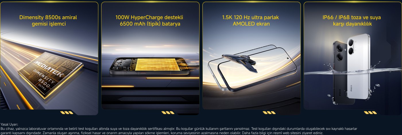 Akıllı telefonun önemli özelliklerini vurgulayan bir tanıtım grafiği:

- MediaTek Dimensity 8500s amiral gemisi işlemcisi.
- 6500 mAh bataryayı destekleyen 100W HyperCharge.
- 1.5K 120 Hz ultra parlak AMOLED ekran.
- IP66/IP68 toz ve suya dayanıklılık derecelendirmesi.

Yasal uyarı, cihazın dayanıklılık sertifikalarının belirli test koşullarına dayandığını belirtmektedir.