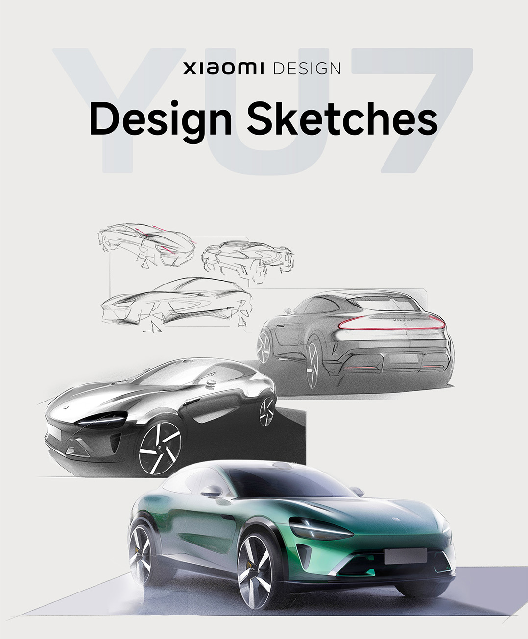 The design sketches showcase various perspectives of the Xiaomi YU7 model, featuring concept drawings of cars with different exterior designs. The background color tone is simple, highlighting the lines and details of the car design.