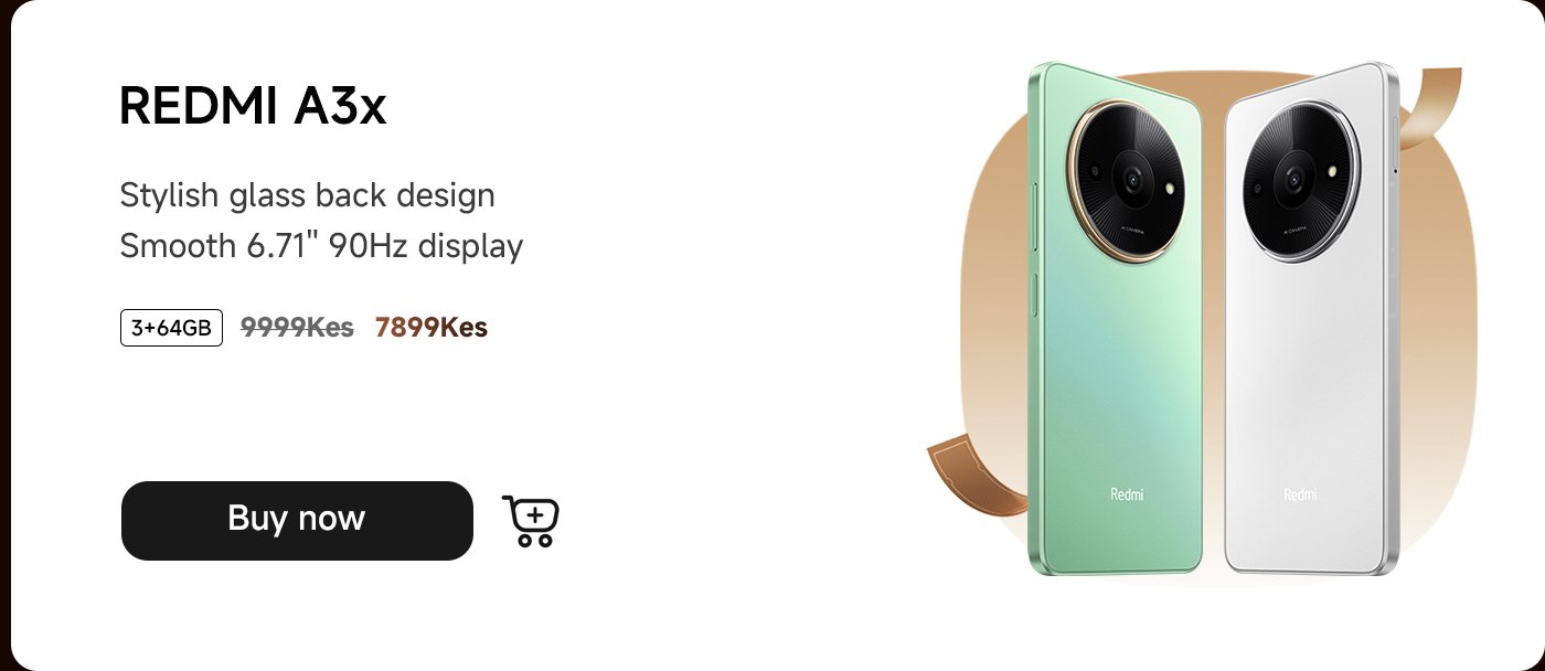 REMI A3x features a stylish glass back design, a smooth 6.71-inch 90Hz display, offers 3+64GB storage, and is priced at 7899 Kes. Click "Buy Now".