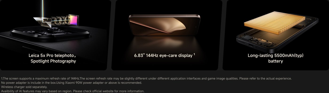 Leica 5x Pro telephoto, Spotlight Photography. 6.83" 144Hz eye-care display. Long-lasting 5500mAh (typ) battery. The screen supports a maximum refresh rate of 144Hz. No power adapter included; using Xiaomi 90W power adapter or above is recommended. Wireless charger sold separately.