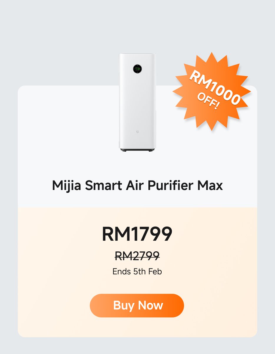 The Mijia Smart Air Purifier Max is on sale for RM1799, originally RM2799, with a discount of RM1000. The offer ends on 5th February. There's a "Buy Now" button available.