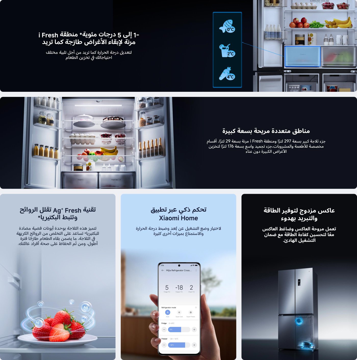 Le texte présente un réfrigérateur avec plusieurs caractéristiques importantes. Il dispose d'une zone convertible de -1 °C à 5 °C pour différents types d'aliments, d'une grande capacité avec un espace de stockage bien organisé, et d'une technologie intelligente connectée à l'application Xiaomi Home pour le contrôle à distance. De plus, il utilise un système de double conversion pour économiser de l'énergie et fonctionner silencieusement.