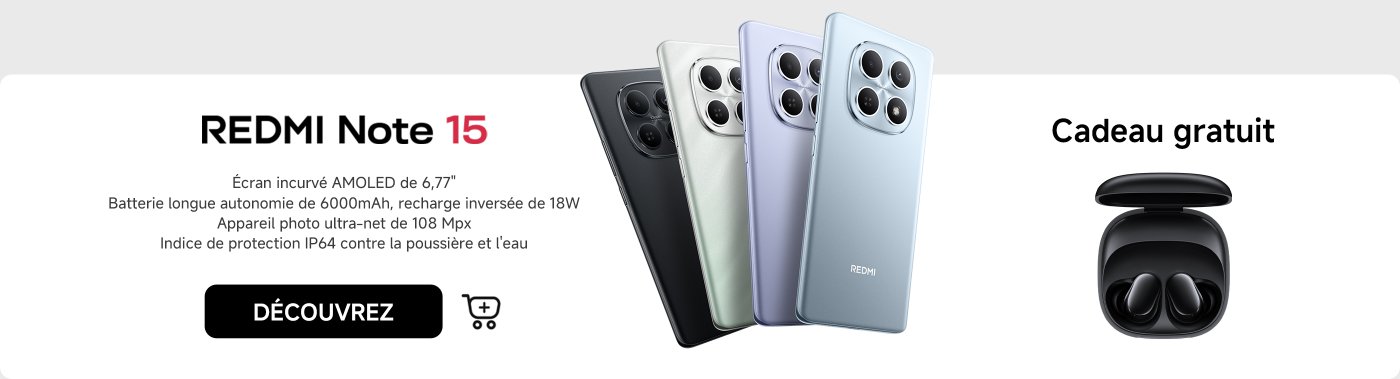 Le téléphone REDMI Note 15 est présenté, avec des caractéristiques comprenant un écran incurvé AMOLED de 6,77 pouces, une batterie de 6000 mAh à longue durée de vie, une charge inversée de 18 W et un appareil photo ultra haute définition de 108 MP, doté d'une protection contre la poussière et l'eau de niveau IP64. Un casque noir est inclus, cliquez pour voir les détails.