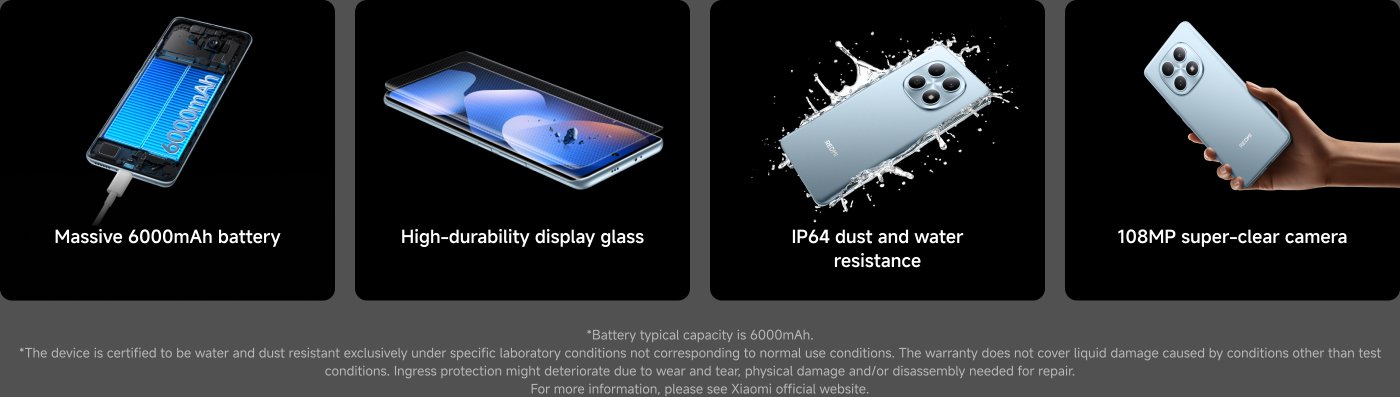 The image features four key highlights of a smartphone:

1. A massive 6000mAh battery.
2. High-durability display glass.
3. IP64 dust and water resistance.
4. A 108MP super-clear camera.

Additionally, there are warnings regarding the battery capacity and water/dust resistance under specific conditions.
