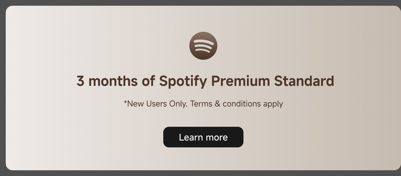 3 bulan layanan Spotify Premium Standard, berlaku untuk pengguna baru, dengan syarat dan ketentuan yang berlaku. Klik "Pelajari lebih lanjut" untuk informasi lebih lanjut.