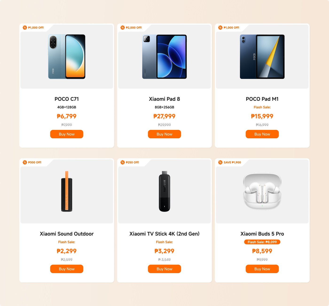 The image displays a selection of Xiaomi products available for purchase, showcasing discounts on each item. The items include:

1. **POCO C71** (4GB RAM, 128GB storage) - Priced at ₱6,799, originally ₱7,799.
2. **Xiaomi Pad 8** (8GB RAM, 256GB storage) - Priced at ₱27,999, originally ₱29,999.
3. **POCO Pad M1** - Flash sale price of ₱15,999, originally ₱16,999.
4. **Xiaomi Sound Outdoor** - Currently ₱2,299, down from ₱2,599.
5. **Xiaomi TV Stick 4K (2nd Gen)** - Now ₱3,299, originally ₱3,549.
6. **Xiaomi Buds 5 Pro** - Flash sale price of ₱8,599, originally ₱9,999.

Each product has a "Buy Now" button for easy purchasing.